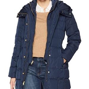 Cole Haan Signature  Down Navy Quilted Puffer Coat with Gold Hardware